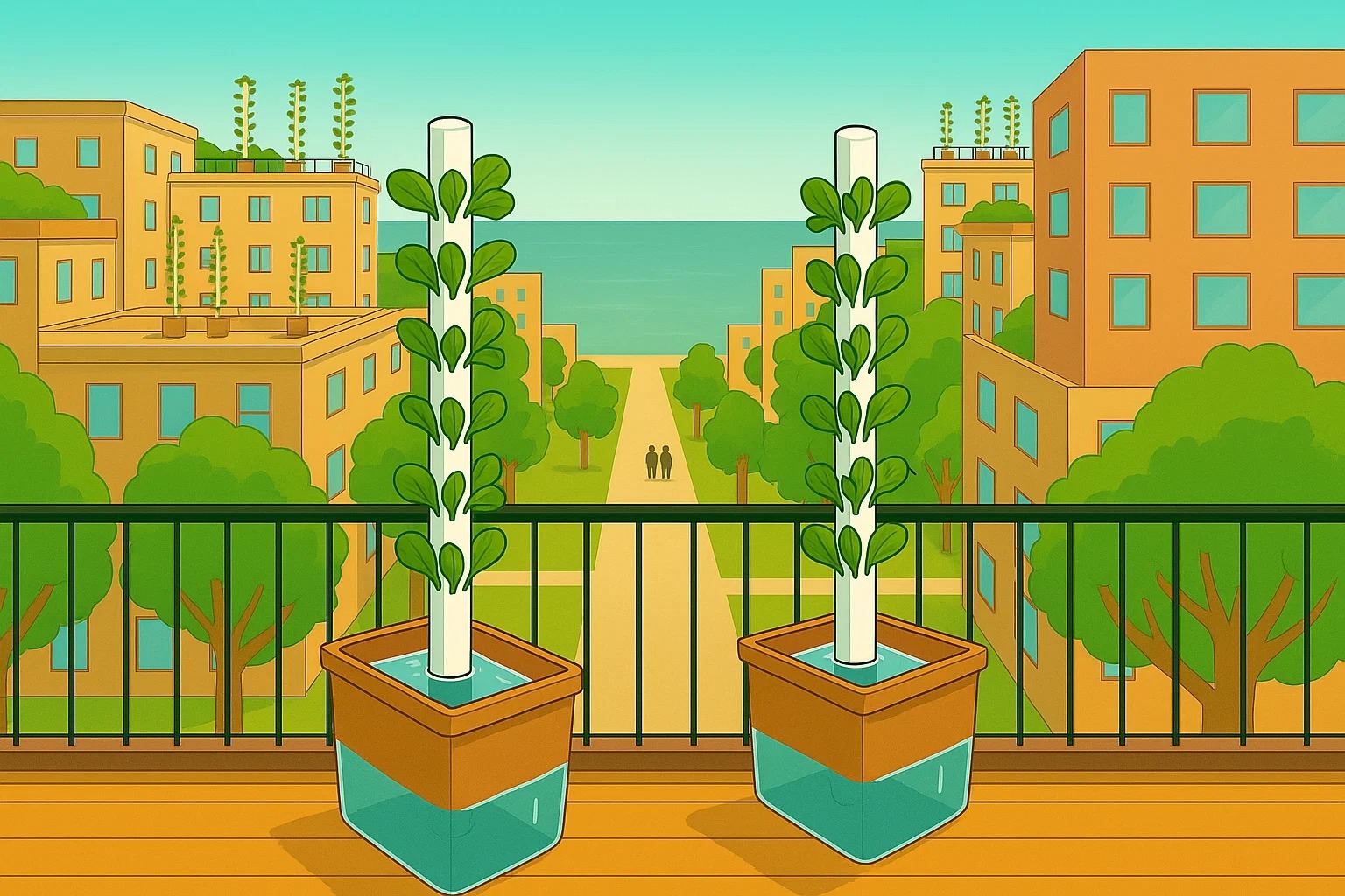 Urban hydroponic towers on a balcony